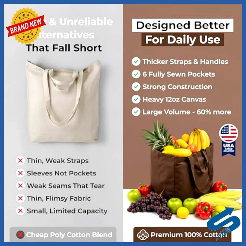 Heavy Duty Canvas Tote Set with Pockets Foldable Washable Grocery Bags